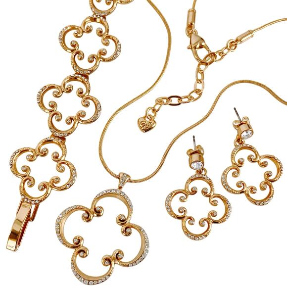 Brighton Crystal Pendant Necklace Bracelet Earrings Set Scroll Clover READ - Picture 1 of 16